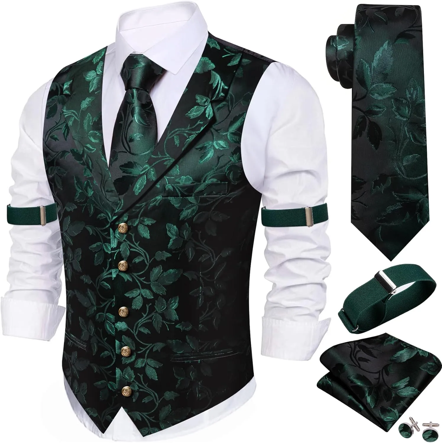 Barry.Wang Mens Silk Lapel/Shawl Collar Vest Tie Sleeve Holder Set Formal/Casual Paisley Vests Wedding Tuxedo Waistcoat