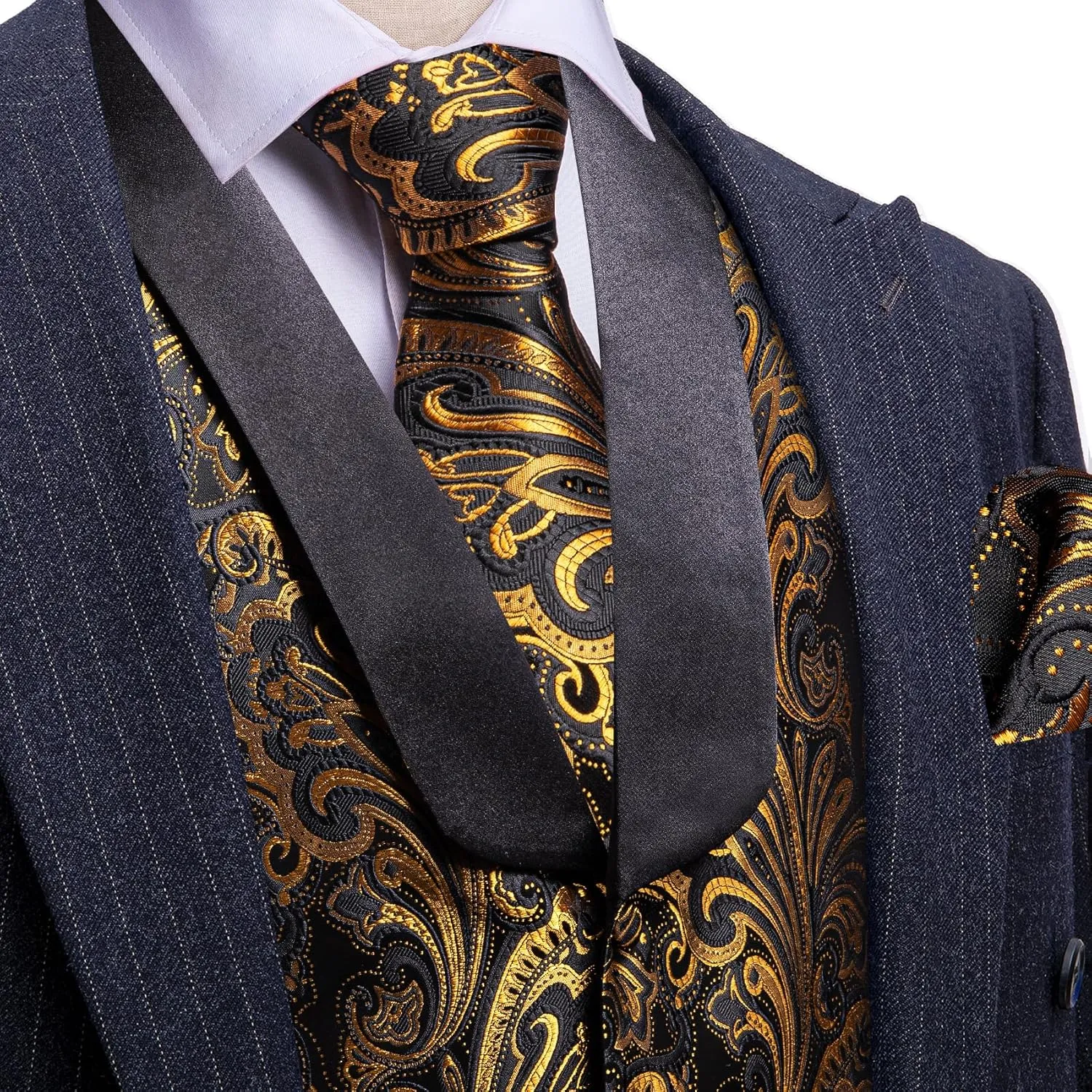 Barry.Wang Mens Silk Lapel/Shawl Collar Vest Tie Sleeve Holder Set Formal/Casual Paisley Vests Wedding Tuxedo Waistcoat