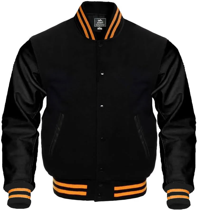 Baseball Jacket Varsity Letterman Jackets Genuine Leather Sleeves & 37 Team Colors Original Wool