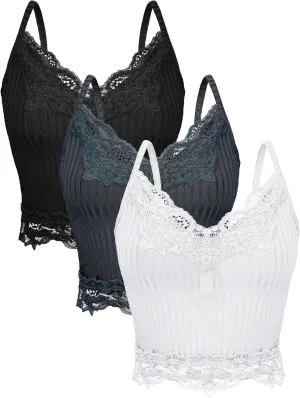 Bencailor 3 Pcs Women's Lace Tank Tops Y2k Camisole Lace Patchwork Crop Tops Grunge Style Ribbed Knitted Clothing