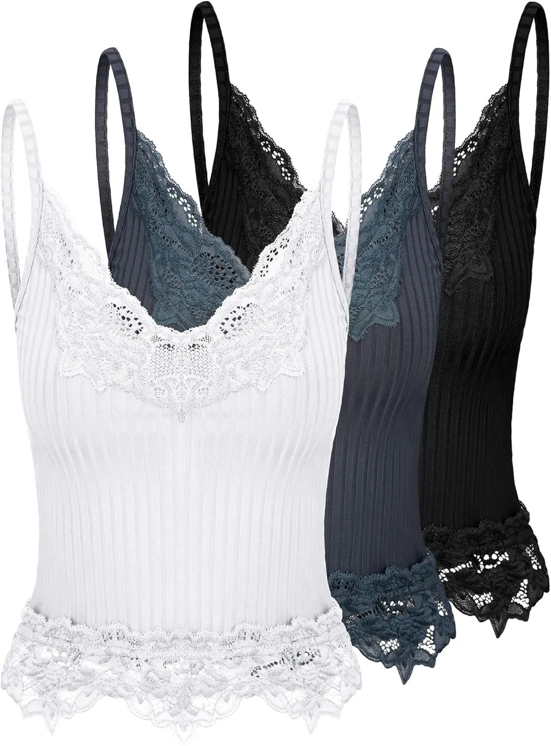 Bencailor 3 Pcs Women's Lace Tank Tops Y2k Camisole Lace Patchwork Crop Tops Grunge Style Ribbed Knitted Clothing