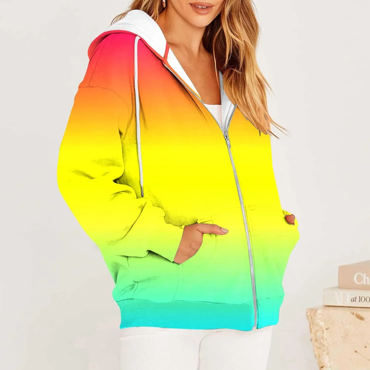 Bidobibo Zip Up Hoodie Women Gradient Color Pattern Zipper Hooded Plus Size Jacket Oversized Tunic Sweatshirt for Women