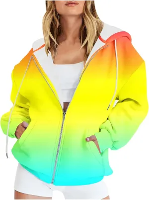 Bidobibo Zip Up Hoodie Women Gradient Color Pattern Zipper Hooded Plus Size Jacket Oversized Tunic Sweatshirt for Women