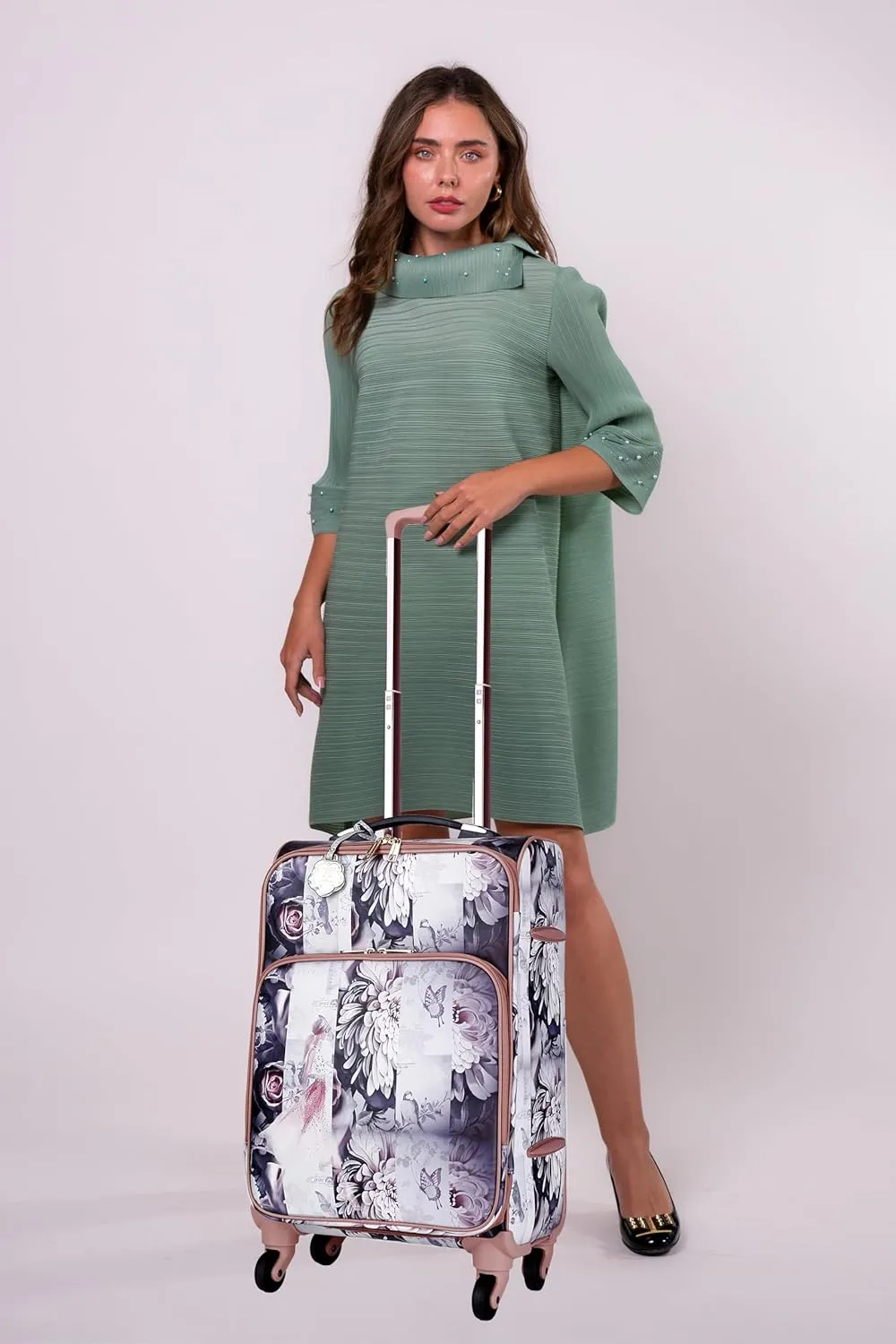 Blossomz Parisian Dreams Expandable Spinner Wheel Luggage with Floral & Ballerina Print Suitcase (Grey)