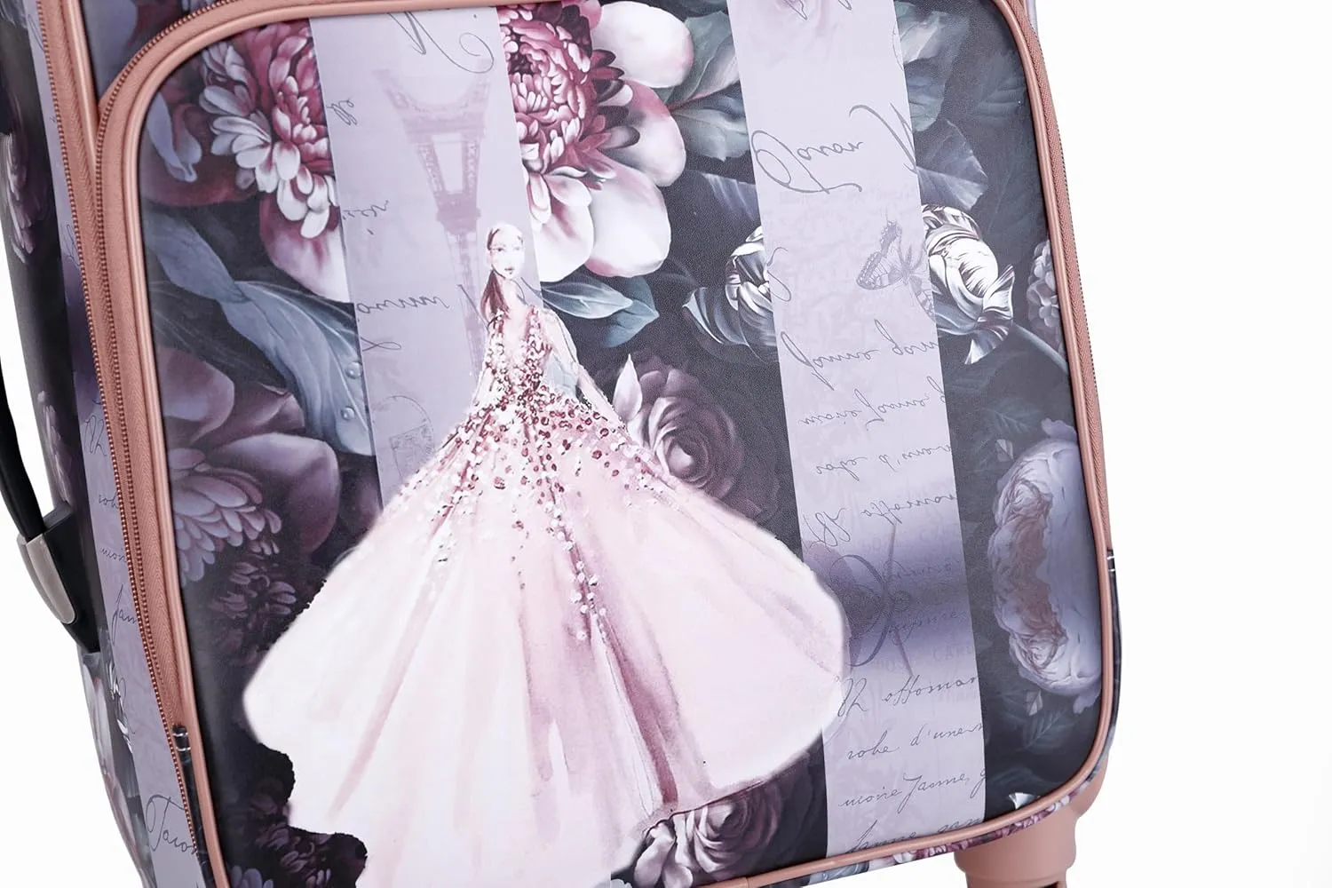 Blossomz Parisian Dreams Expandable Spinner Wheel Luggage with Floral & Ballerina Print Suitcase (Light Gold)
