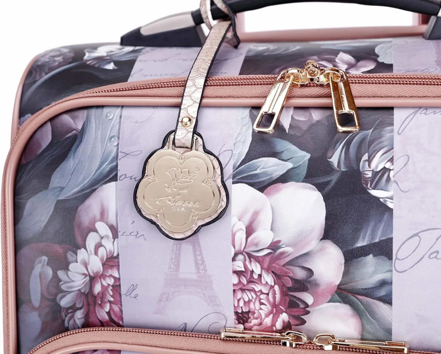Blossomz Parisian Dreams Expandable Spinner Wheel Luggage with Floral & Ballerina Print Suitcase (Light Gold)