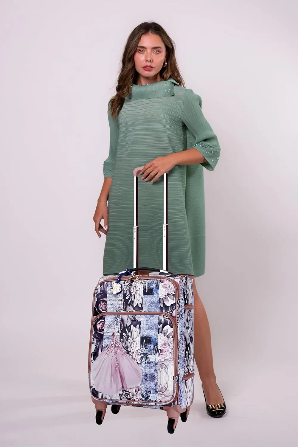Blossomz Parisian Dreams Expandable Spinner Wheel Luggage with Floral & Ballerina Print Suitcase (Royal Blue)
