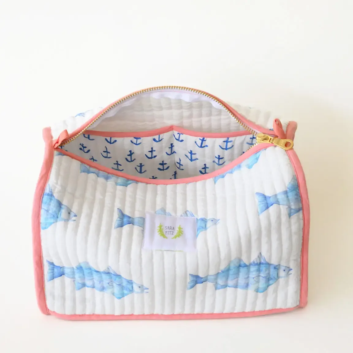 Blue Fish Quilted Cosmetic Pouch by Sara Fitz
