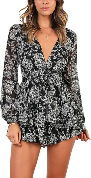 Bonkwa Women's Summer Deep V-Neck Floral Print Romper Long Baggy Sleeves Double Layer Ruffle Hem Short Jumpsuits with Belt