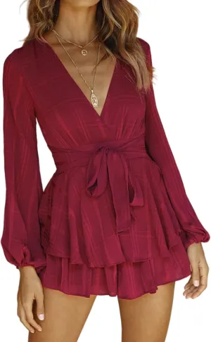 Bonkwa Women's Summer Deep V-Neck Floral Print Romper Long Baggy Sleeves Double Layer Ruffle Hem Short Jumpsuits with Belt