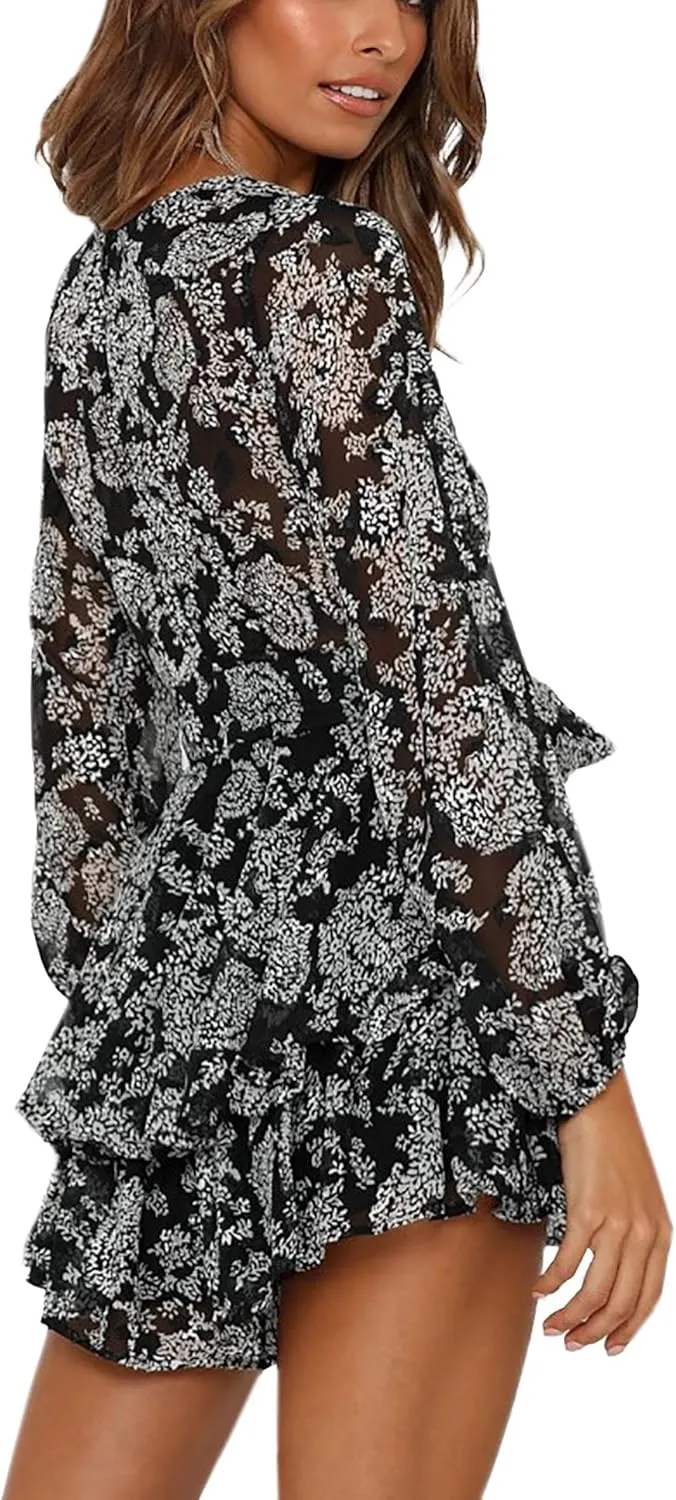 Bonkwa Women's Summer Deep V-Neck Floral Print Romper Long Baggy Sleeves Double Layer Ruffle Hem Short Jumpsuits with Belt