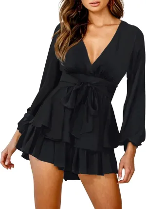 Bonkwa Women's Summer Deep V-Neck Floral Print Romper Long Baggy Sleeves Double Layer Ruffle Hem Short Jumpsuits with Belt