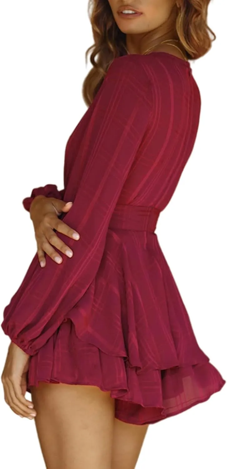 Bonkwa Women's Summer Deep V-Neck Floral Print Romper Long Baggy Sleeves Double Layer Ruffle Hem Short Jumpsuits with Belt