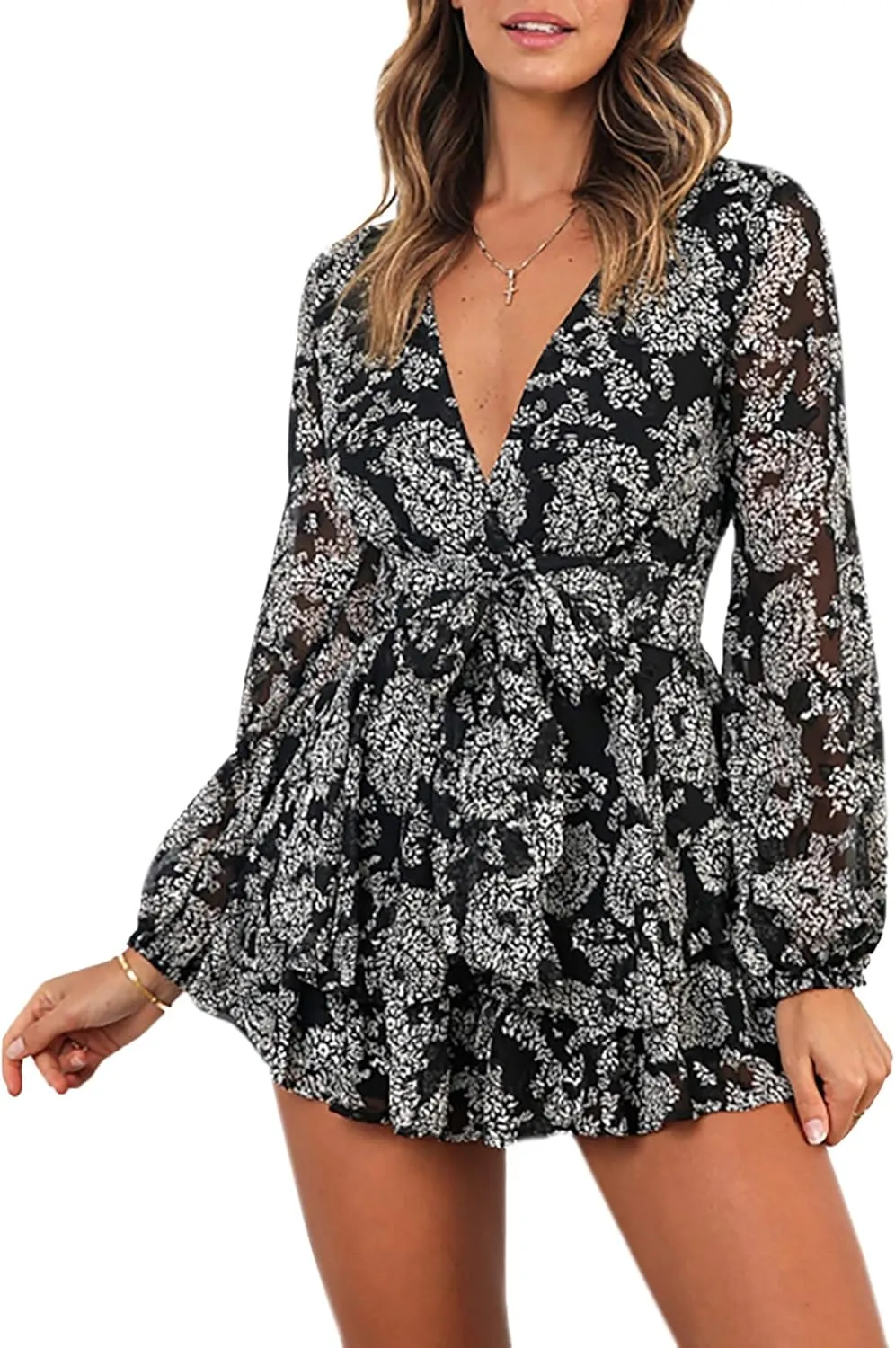 Bonkwa Women's Summer Deep V-Neck Floral Print Romper Long Baggy Sleeves Double Layer Ruffle Hem Short Jumpsuits with Belt