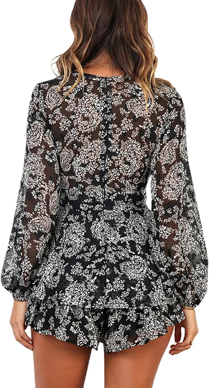 Bonkwa Women's Summer Deep V-Neck Floral Print Romper Long Baggy Sleeves Double Layer Ruffle Hem Short Jumpsuits with Belt