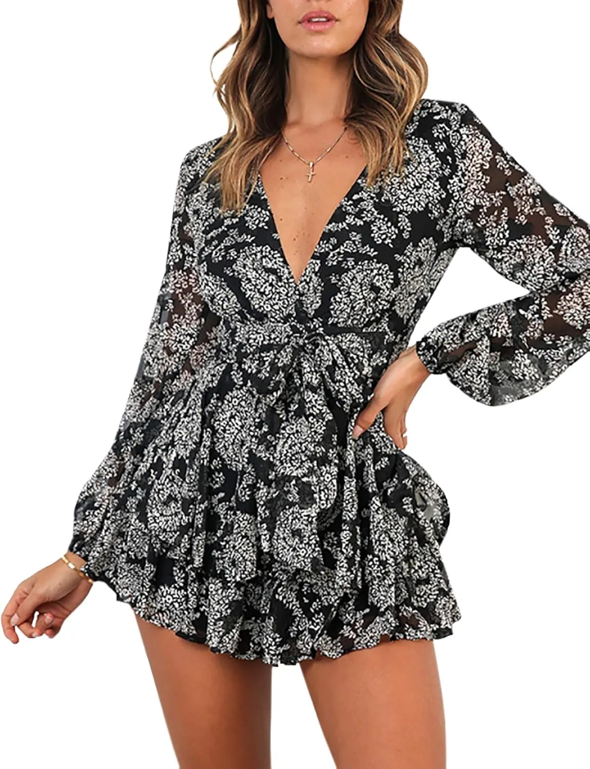 Bonkwa Women's Summer Deep V-Neck Floral Print Romper Long Baggy Sleeves Double Layer Ruffle Hem Short Jumpsuits with Belt
