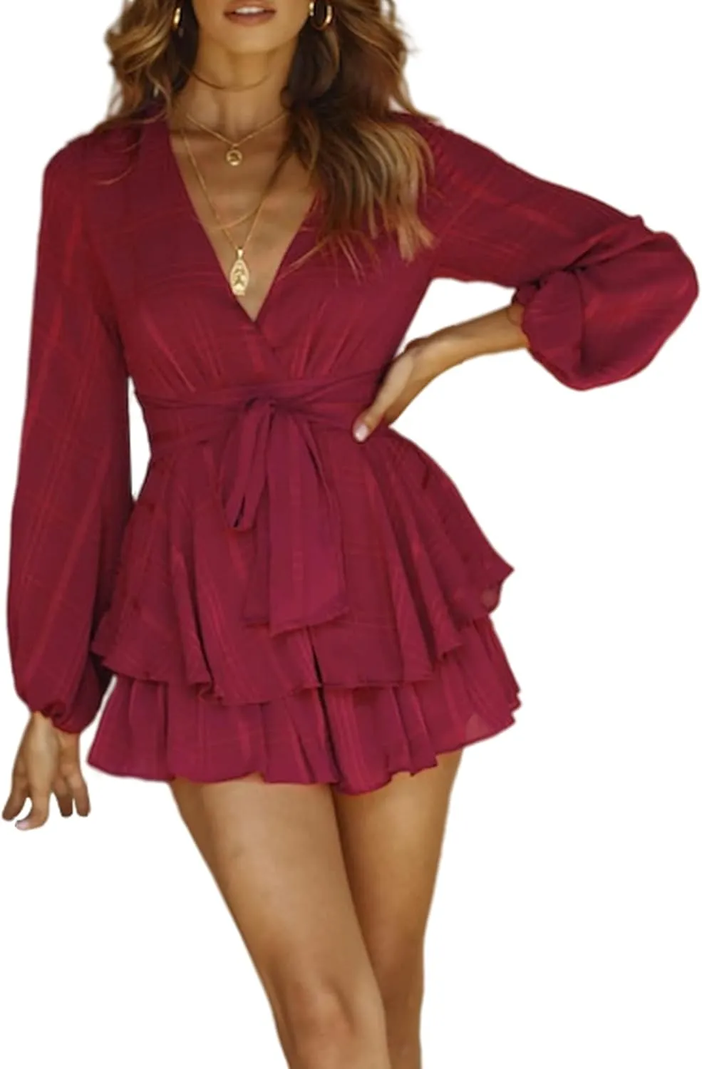 Bonkwa Women's Summer Deep V-Neck Floral Print Romper Long Baggy Sleeves Double Layer Ruffle Hem Short Jumpsuits with Belt