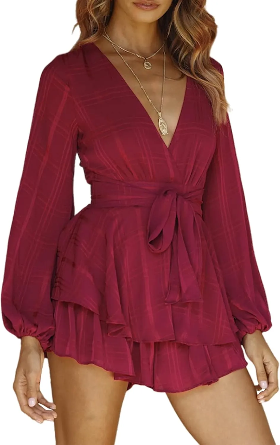 Bonkwa Women's Summer Deep V-Neck Floral Print Romper Long Baggy Sleeves Double Layer Ruffle Hem Short Jumpsuits with Belt