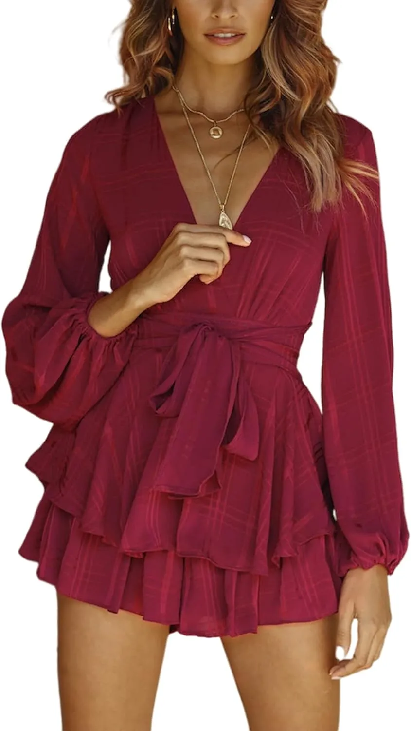Bonkwa Women's Summer Deep V-Neck Floral Print Romper Long Baggy Sleeves Double Layer Ruffle Hem Short Jumpsuits with Belt