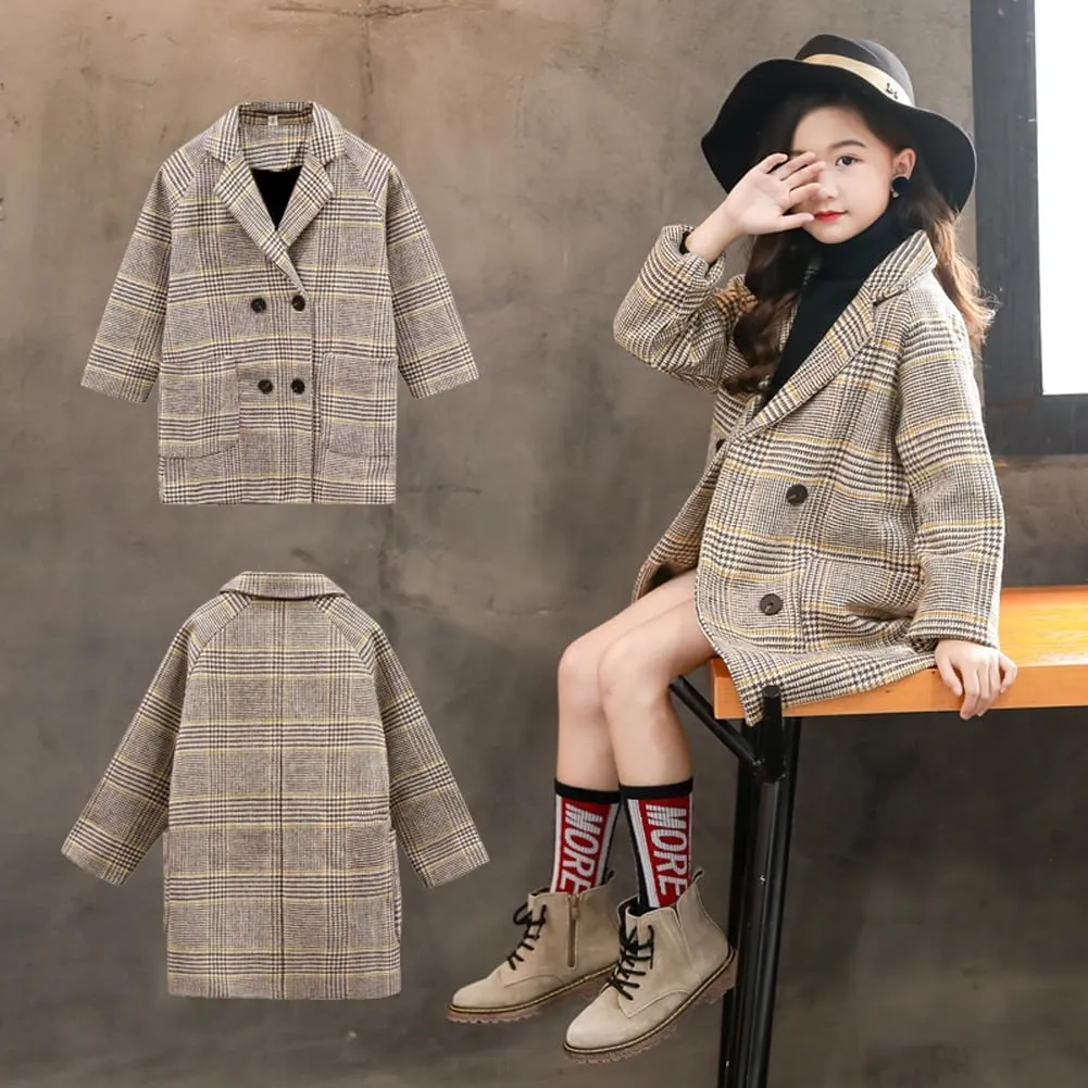 Boys Girls Winter Pea Coat Dress Coats Notched Lapel Collar Double Breasted Plaid Over Coats Long Jackets for Kids