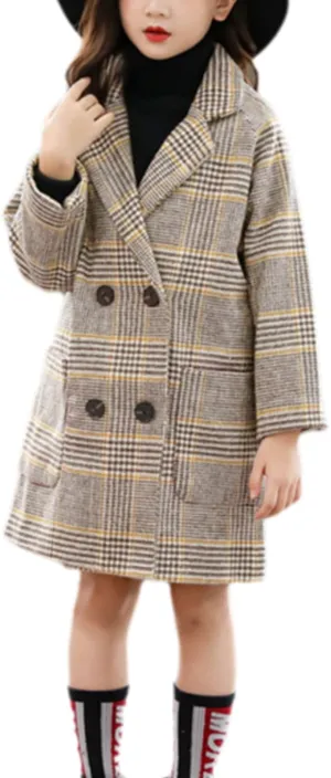 Boys Girls Winter Pea Coat Dress Coats Notched Lapel Collar Double Breasted Plaid Over Coats Long Jackets for Kids