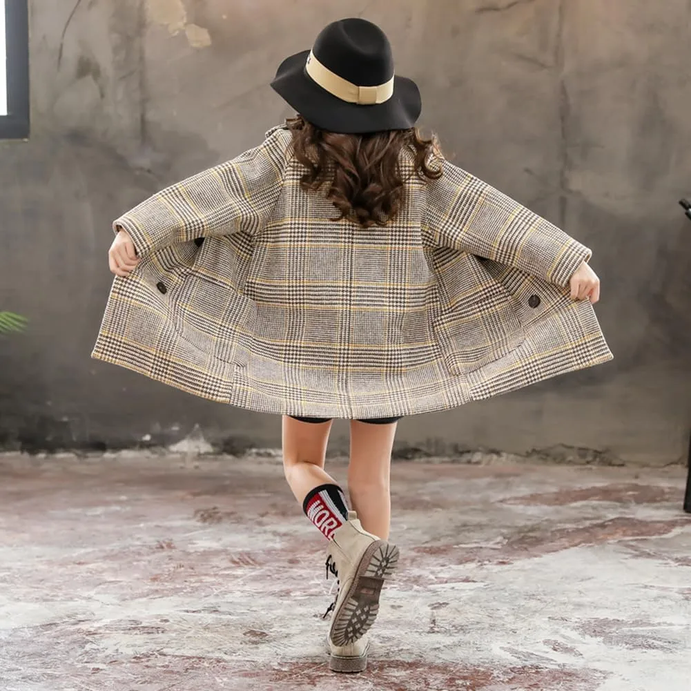 Boys Girls Winter Pea Coat Dress Coats Notched Lapel Collar Double Breasted Plaid Over Coats Long Jackets for Kids