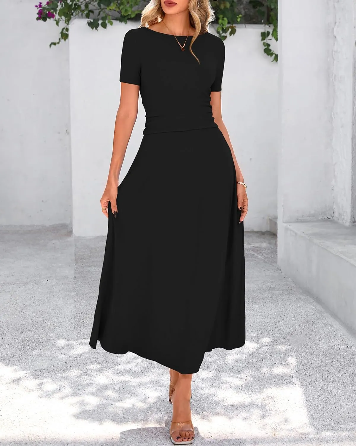 BTFBM 2025 Women's Summer 2 Piece Outfits Spring Crewneck Short Sleeve Ruched Bodycon Tops Flowy Knit Maxi Skirt Sets
