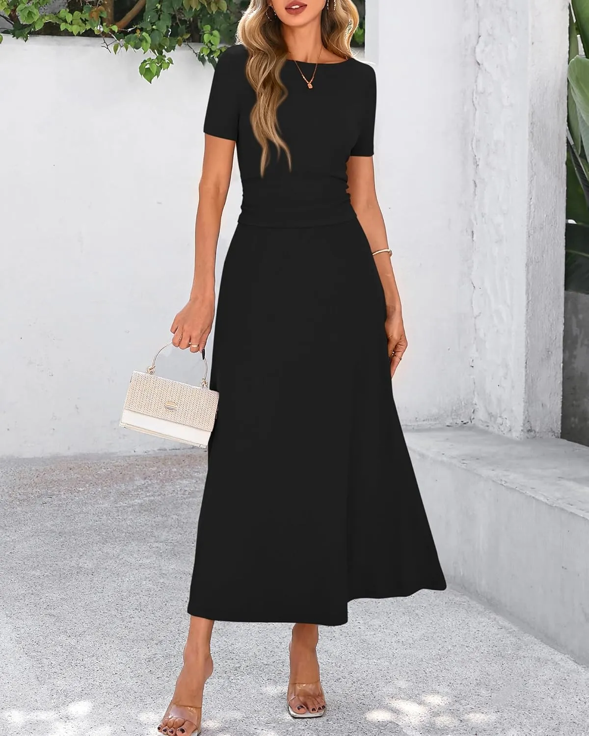 BTFBM 2025 Women's Summer 2 Piece Outfits Spring Crewneck Short Sleeve Ruched Bodycon Tops Flowy Knit Maxi Skirt Sets