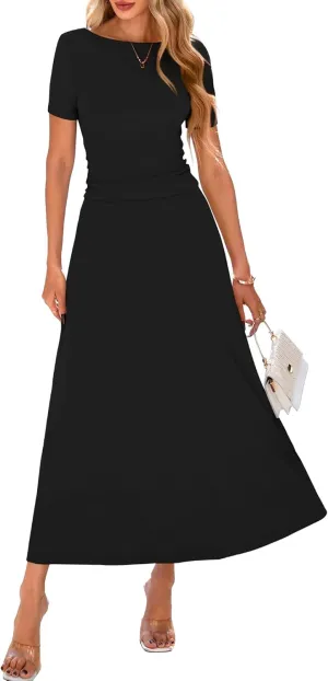 BTFBM 2025 Women's Summer 2 Piece Outfits Spring Crewneck Short Sleeve Ruched Bodycon Tops Flowy Knit Maxi Skirt Sets