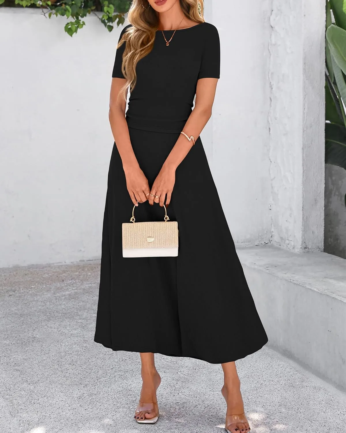 BTFBM 2025 Women's Summer 2 Piece Outfits Spring Crewneck Short Sleeve Ruched Bodycon Tops Flowy Knit Maxi Skirt Sets