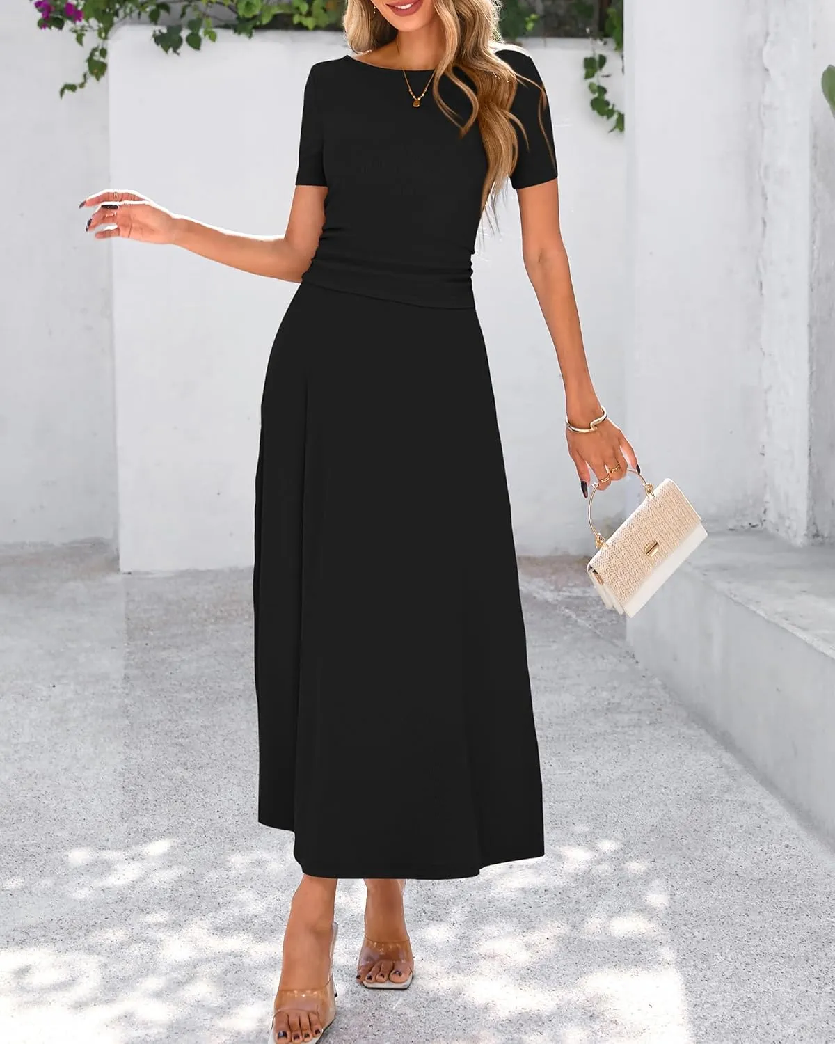 BTFBM 2025 Women's Summer 2 Piece Outfits Spring Crewneck Short Sleeve Ruched Bodycon Tops Flowy Knit Maxi Skirt Sets