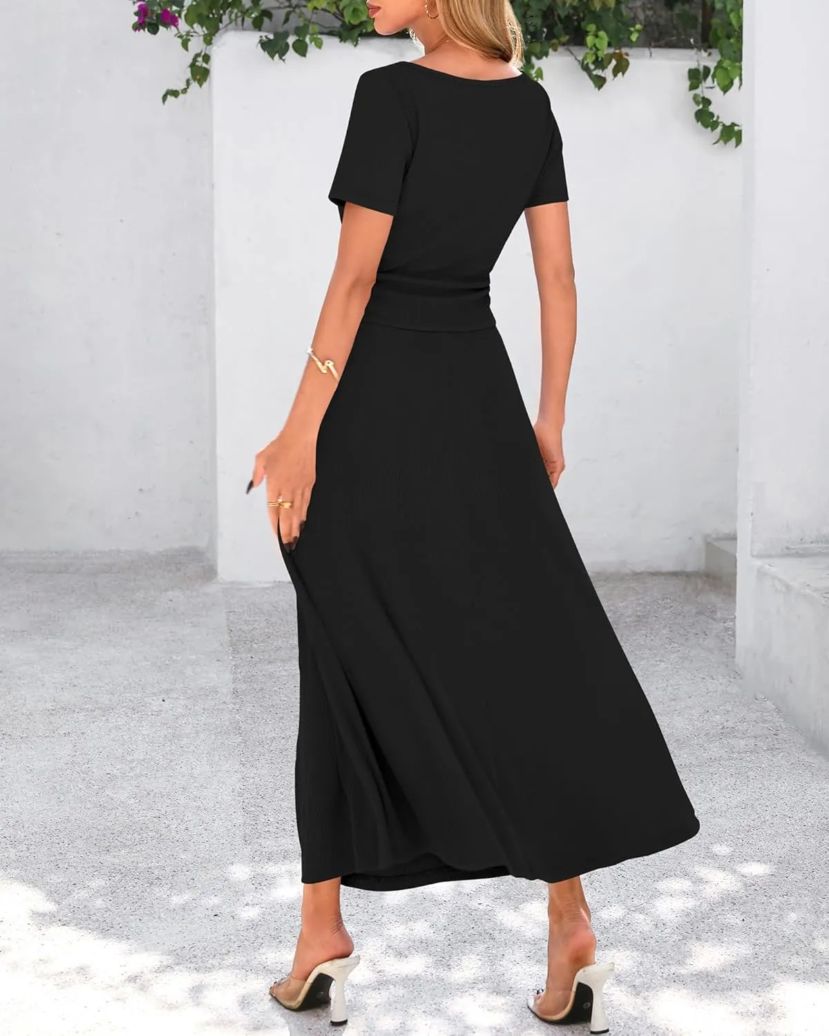 BTFBM 2025 Women's Summer 2 Piece Outfits Spring Crewneck Short Sleeve Ruched Bodycon Tops Flowy Knit Maxi Skirt Sets