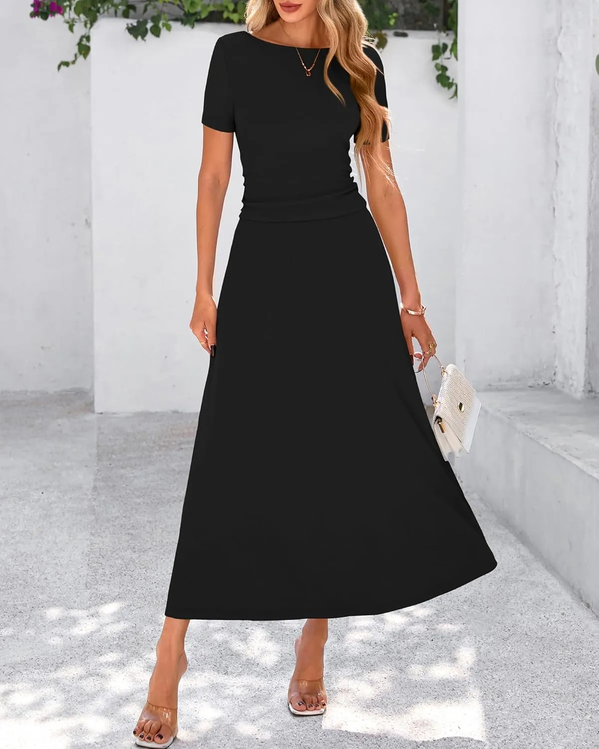BTFBM 2025 Women's Summer 2 Piece Outfits Spring Crewneck Short Sleeve Ruched Bodycon Tops Flowy Knit Maxi Skirt Sets