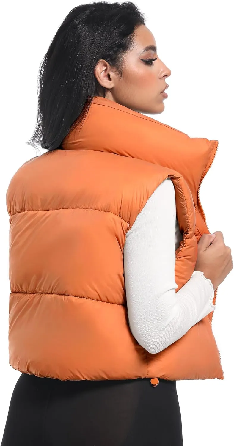 Buauty Cropped Puffer Vest Women 2025 Winter Puffy Vest with Pockets Lightweight Stand Collar Zip Up Sleeveless Jacket