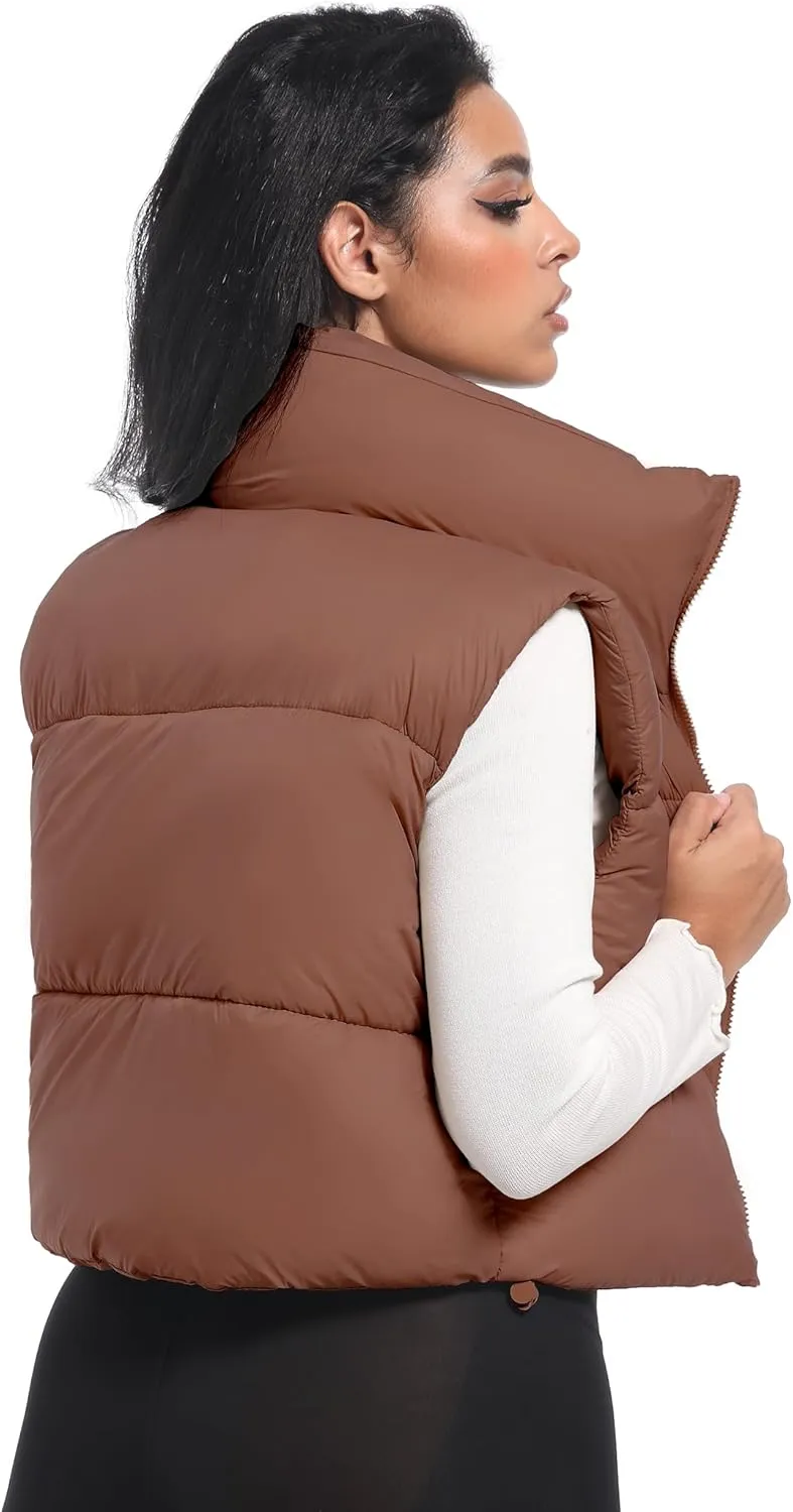 Buauty Cropped Puffer Vest Women 2025 Winter Puffy Vest with Pockets Lightweight Stand Collar Zip Up Sleeveless Jacket