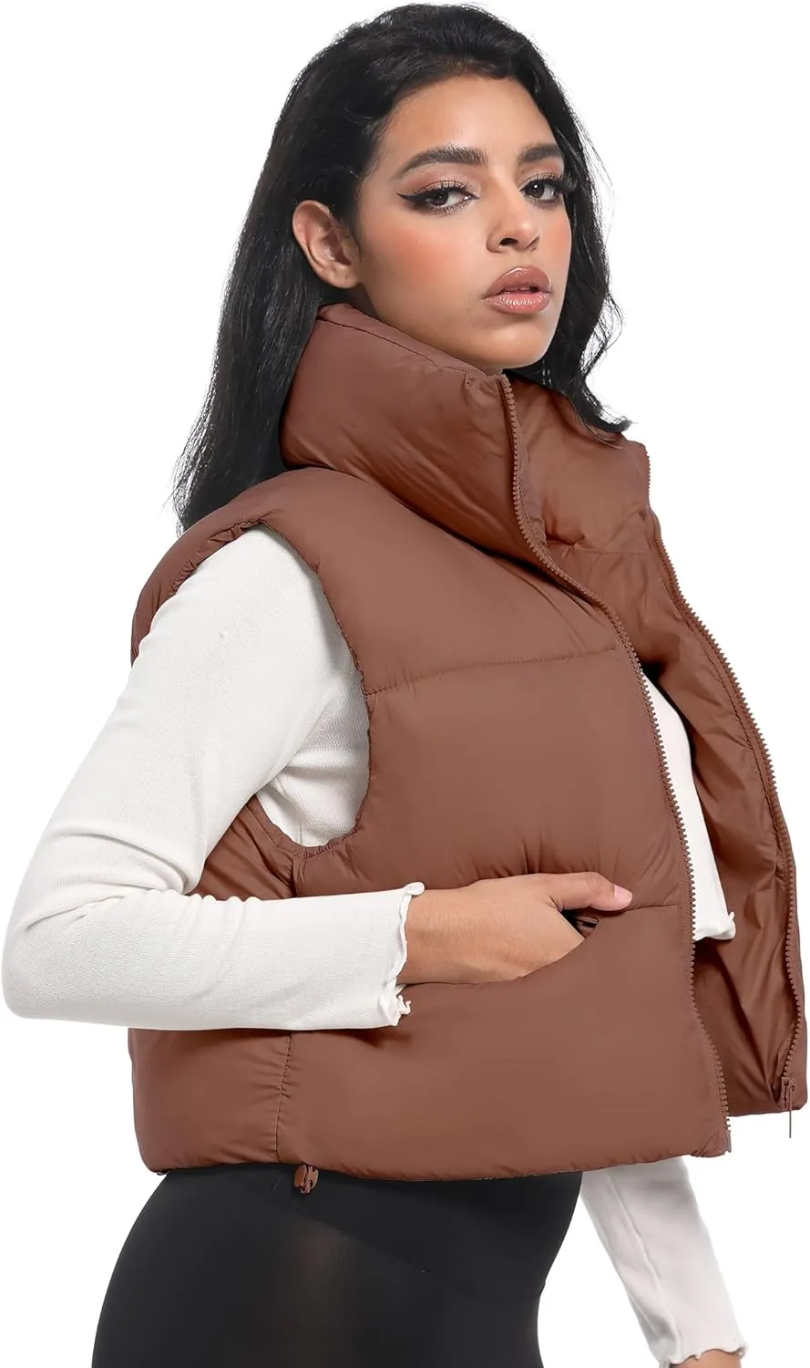 Buauty Cropped Puffer Vest Women 2025 Winter Puffy Vest with Pockets Lightweight Stand Collar Zip Up Sleeveless Jacket