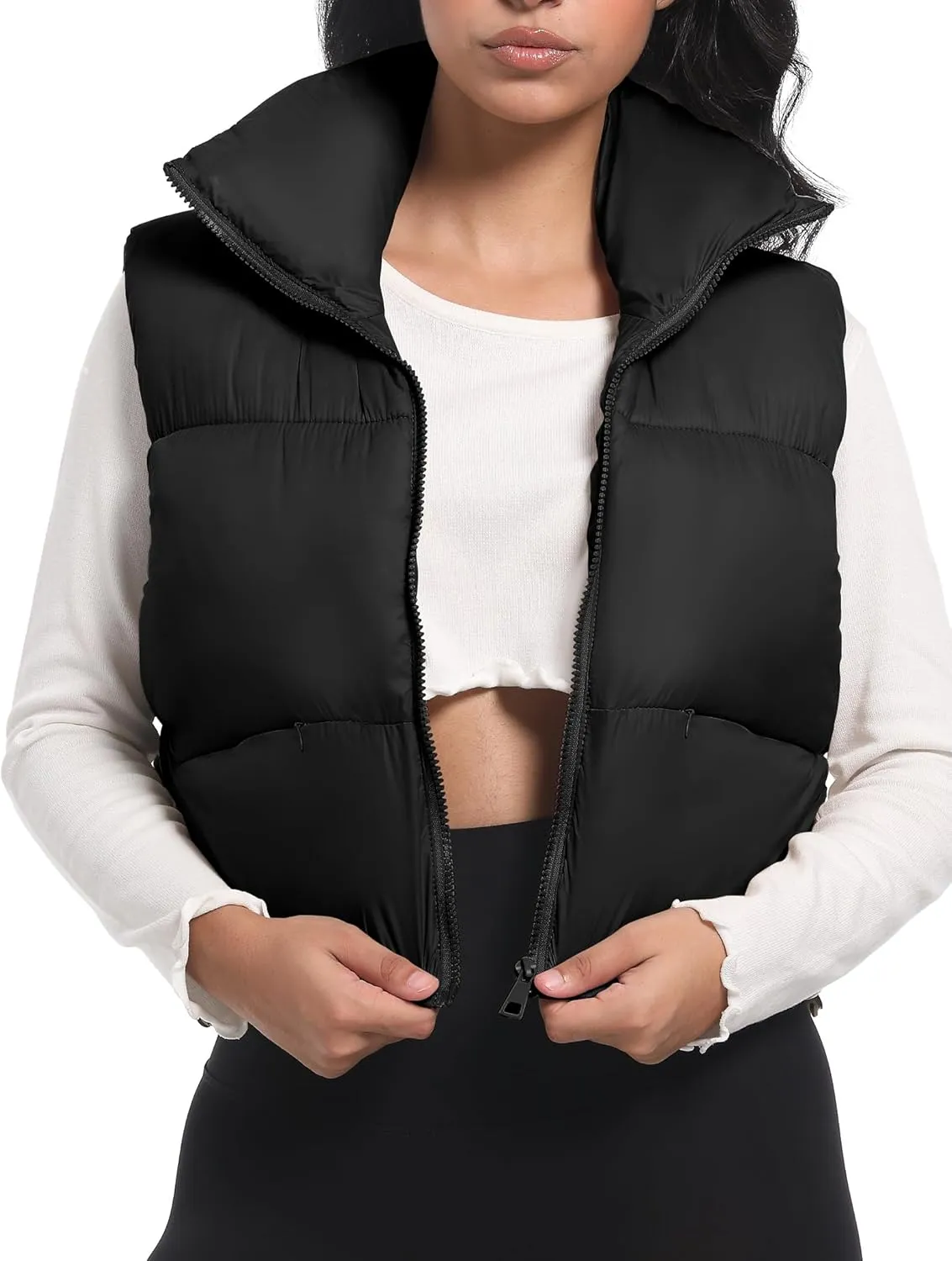 Buauty Cropped Puffer Vest Women 2025 Winter Puffy Vest with Pockets Lightweight Stand Collar Zip Up Sleeveless Jacket