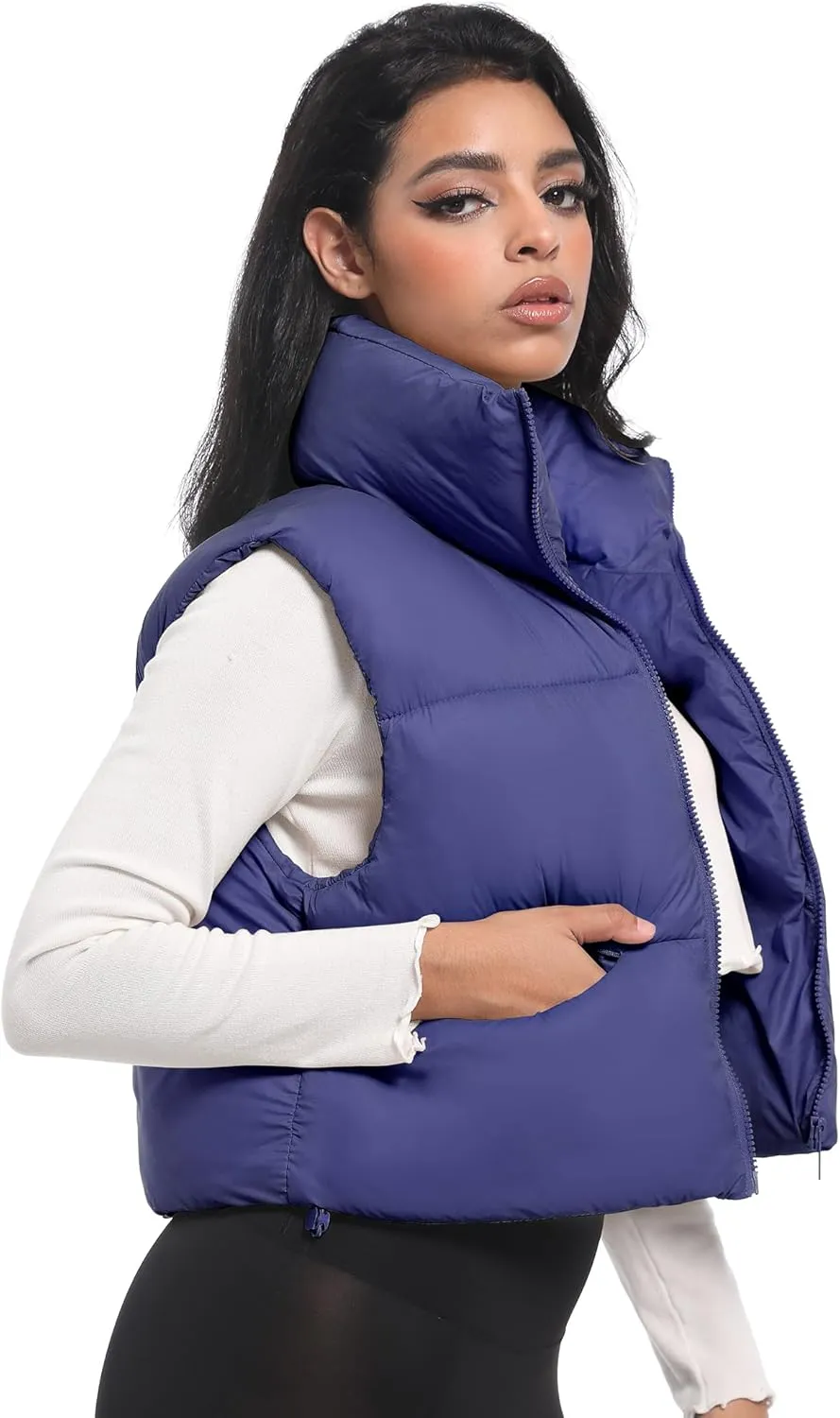 Buauty Cropped Puffer Vest Women 2025 Winter Puffy Vest with Pockets Lightweight Stand Collar Zip Up Sleeveless Jacket