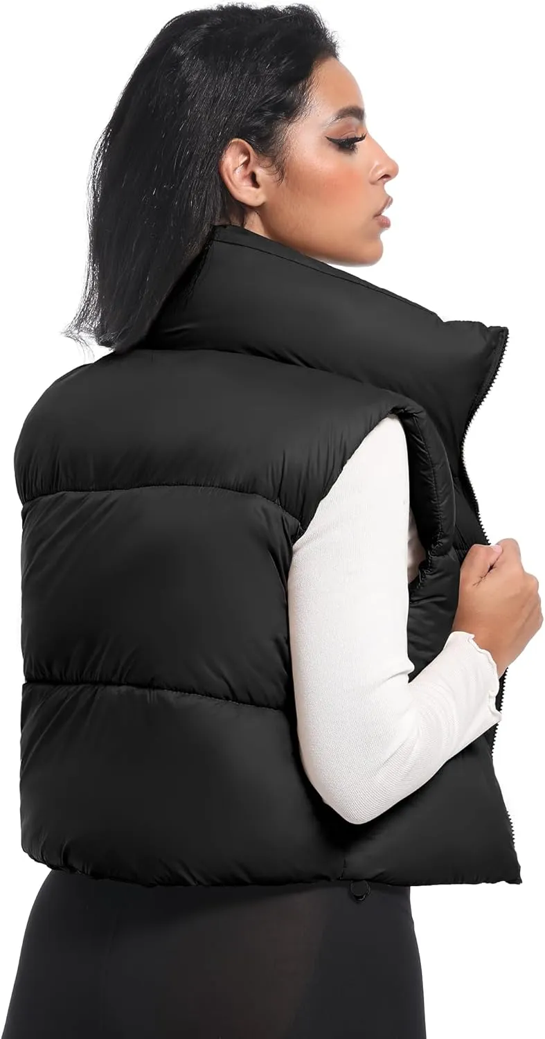 Buauty Cropped Puffer Vest Women 2025 Winter Puffy Vest with Pockets Lightweight Stand Collar Zip Up Sleeveless Jacket