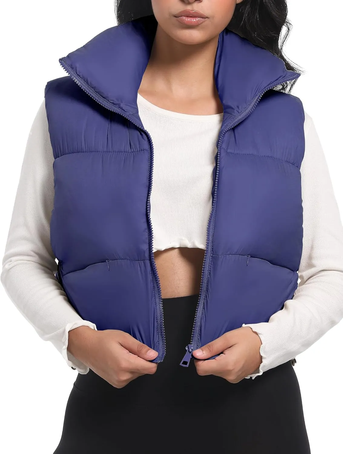 Buauty Cropped Puffer Vest Women 2025 Winter Puffy Vest with Pockets Lightweight Stand Collar Zip Up Sleeveless Jacket