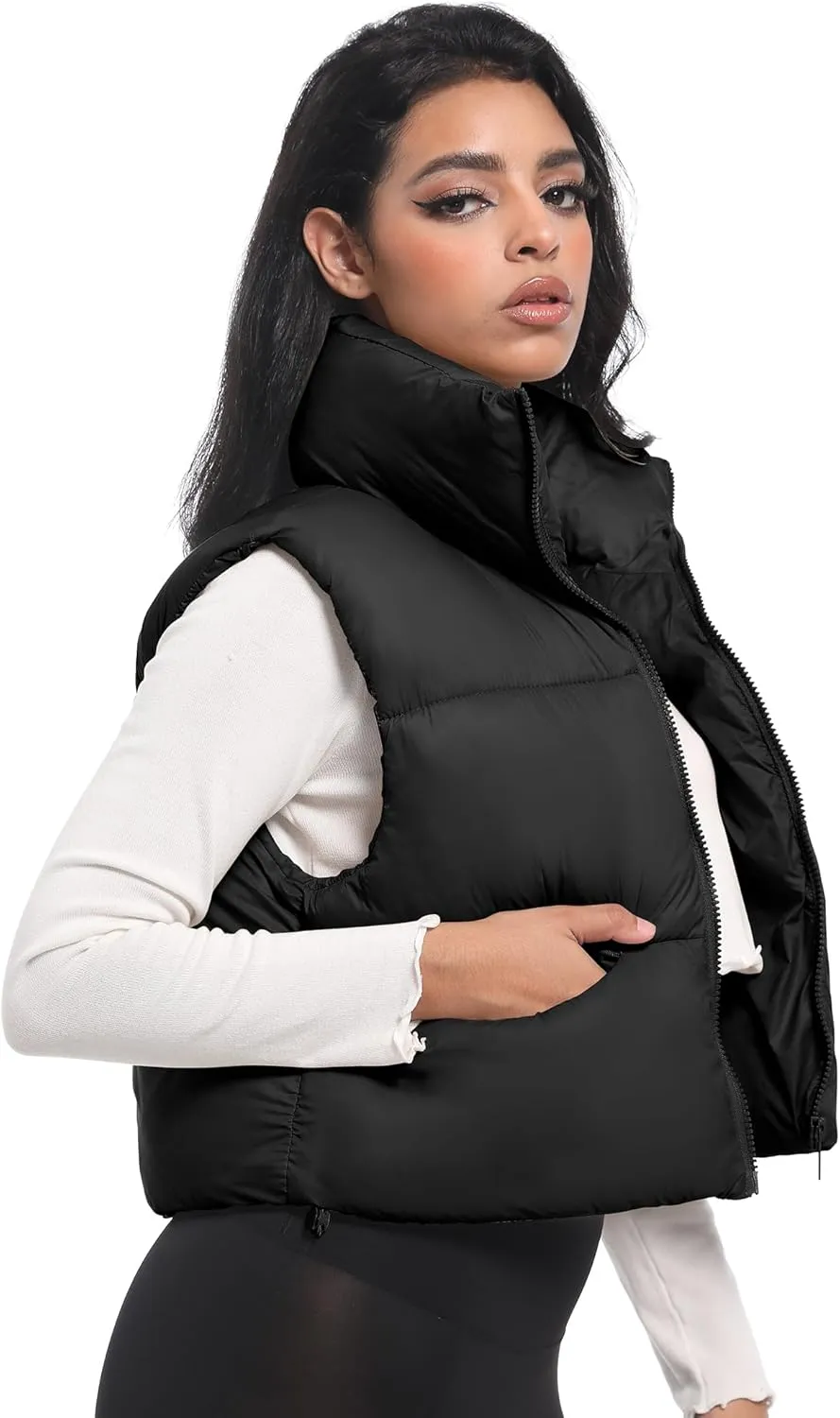 Buauty Cropped Puffer Vest Women 2025 Winter Puffy Vest with Pockets Lightweight Stand Collar Zip Up Sleeveless Jacket