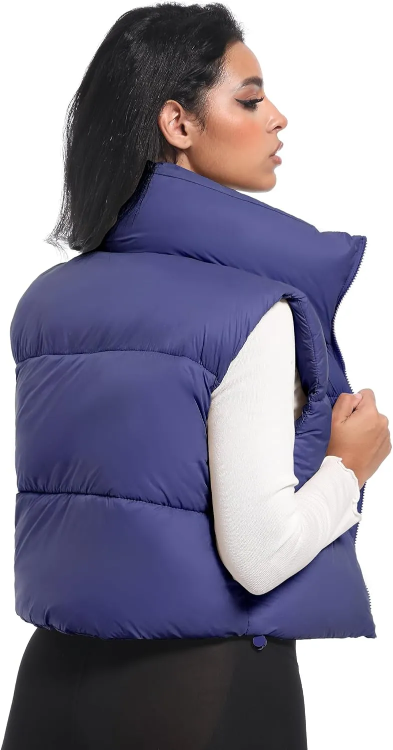 Buauty Cropped Puffer Vest Women 2025 Winter Puffy Vest with Pockets Lightweight Stand Collar Zip Up Sleeveless Jacket