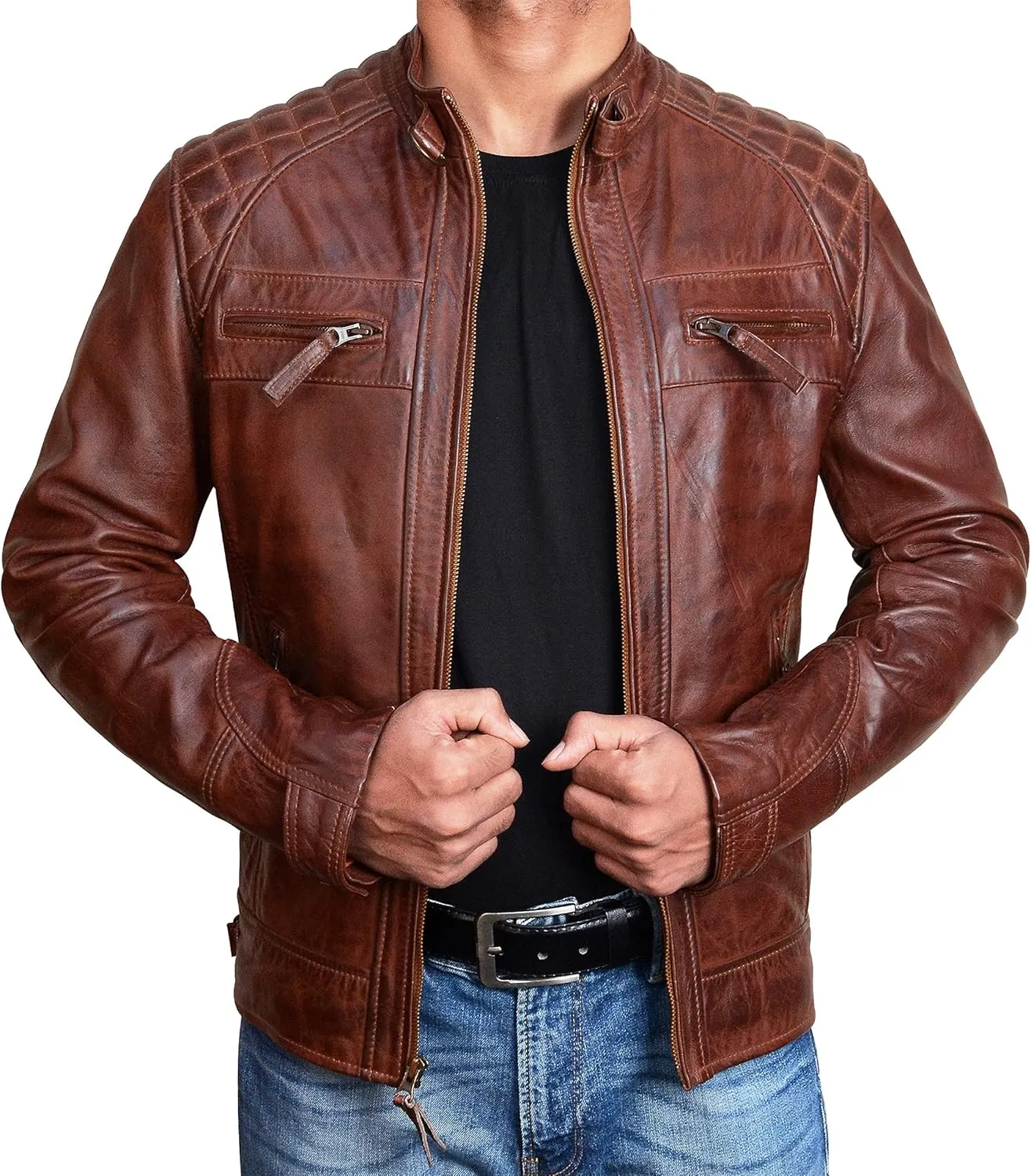 Cafe Racer Brown Leather Jacket Men - Brown Real Lambskin Leather Biker Jacket