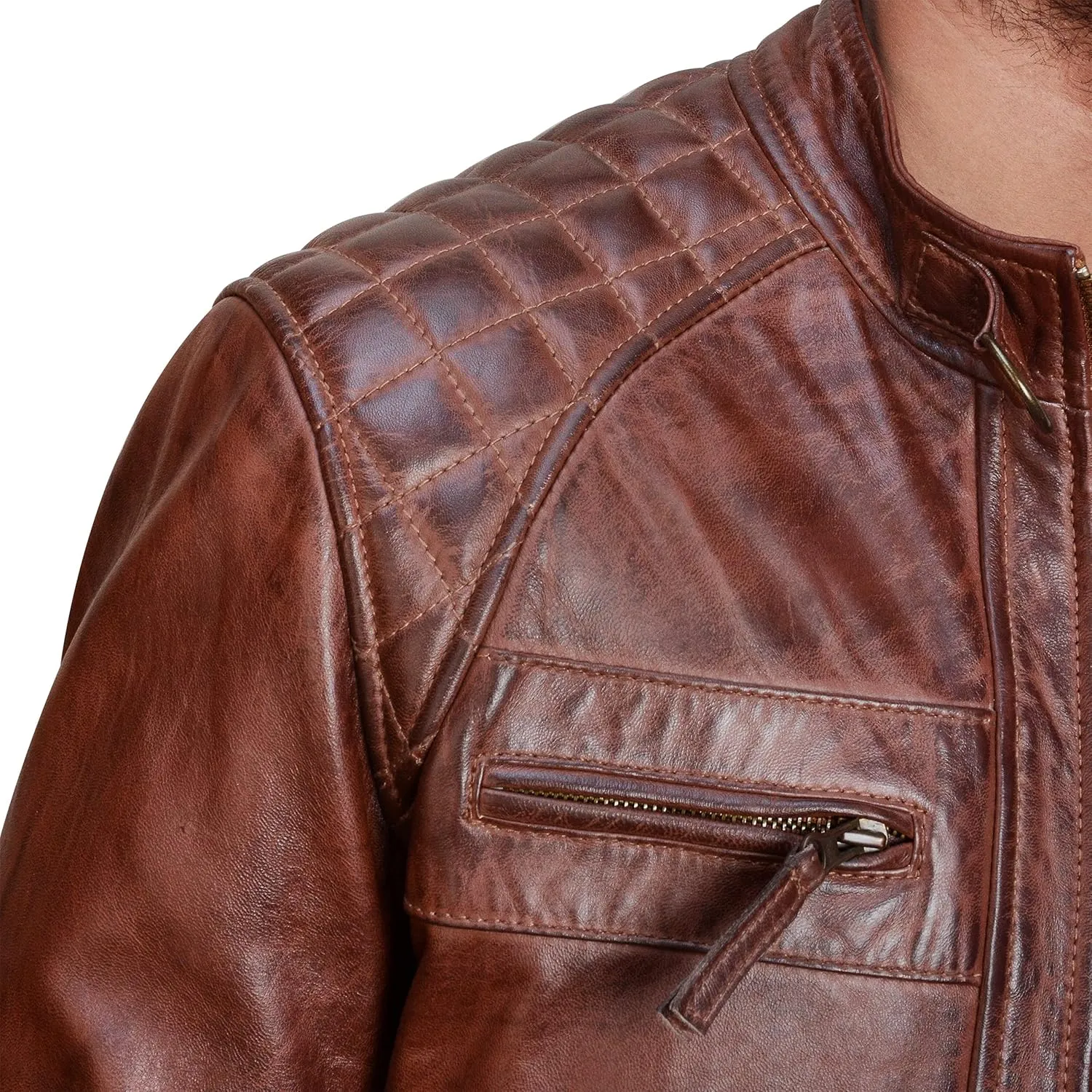 Cafe Racer Brown Leather Jacket Men - Brown Real Lambskin Leather Biker Jacket