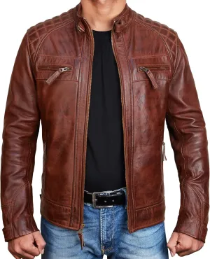 Cafe Racer Brown Leather Jacket Men - Brown Real Lambskin Leather Biker Jacket