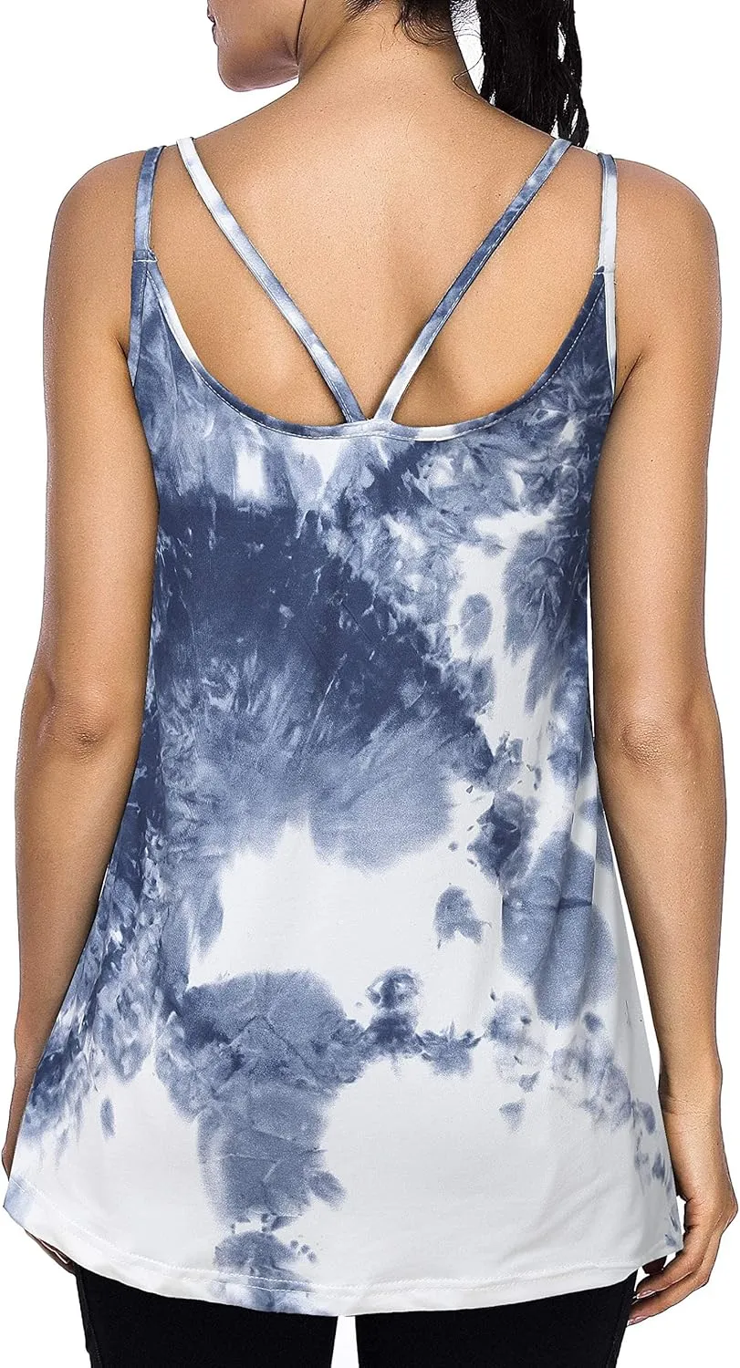 Cestyle Spaghetti Straps Camisole with Built-in Padded Shelf Bra for Women Dressy Casual, Scoop Neck Tunic Length Tank Tops
