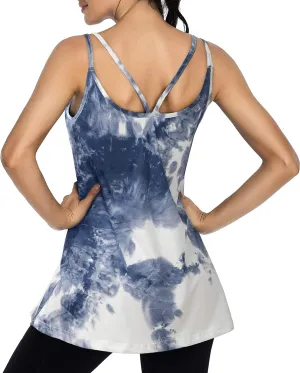 Cestyle Spaghetti Straps Camisole with Built-in Padded Shelf Bra for Women Dressy Casual, Scoop Neck Tunic Length Tank Tops