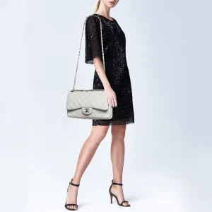 CHANEL Light Grey Quilted Leather Jumbo Classic Double Flap Bag