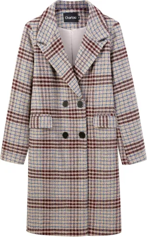 CHARTOU Women's Winter Oversize Lapel Collar Woolen Plaid Double Breasted Long Peacoat Jacket