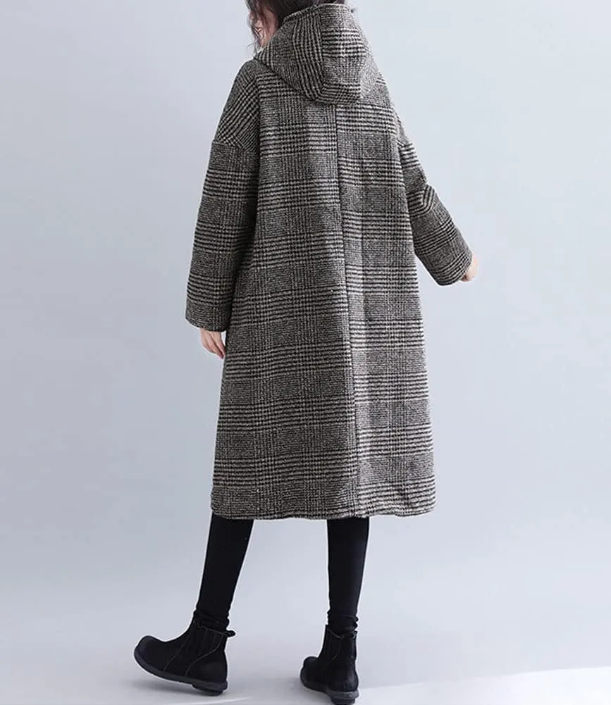chouyatou Women's Retro Houndstooth Plaid Single Breasted Long Wool Coat with Hood